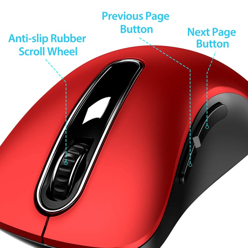 memzuoix 2.4G Wireless Mouse, 1400 DPI Mobile Optical Cordless Mouse with USB Receiver, Portable Computer Mice for Laptop, PC, Desktop, MacBook, 5 Buttons, Red - Image 2